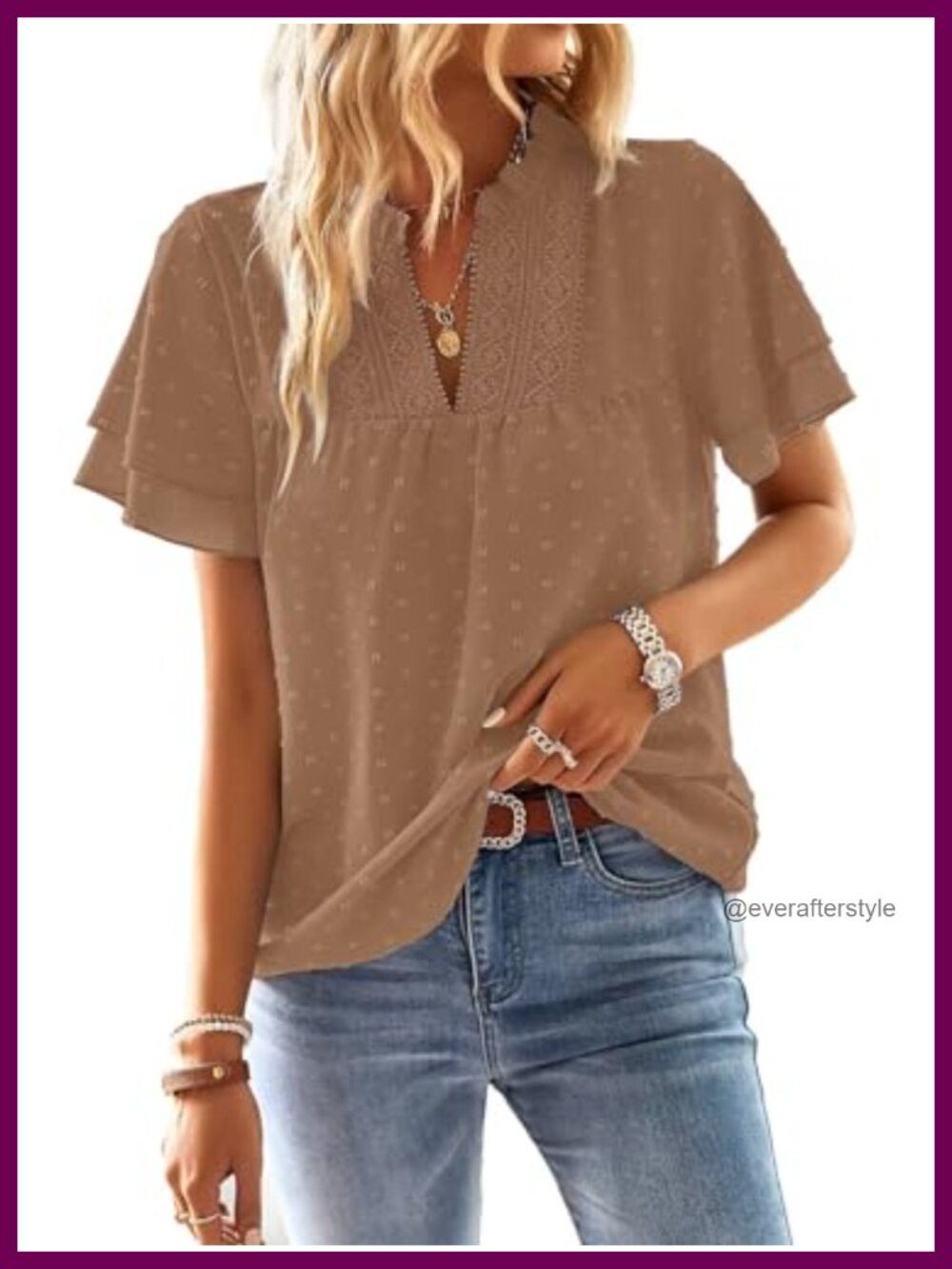 Womens V Neck Crochet Lace Blouse Butterfly Short Sleeve Boho Flowy Top
